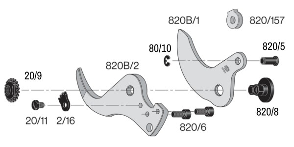 Schemat głowicy FELCO 820B - ostrze 820B/1 i przeciwostrze 820B/2