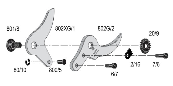 Schemat głowicy FELCO 801G / 802G – ostrze 802G/1, 802XG/1 i przeciwostrze 802G/2
